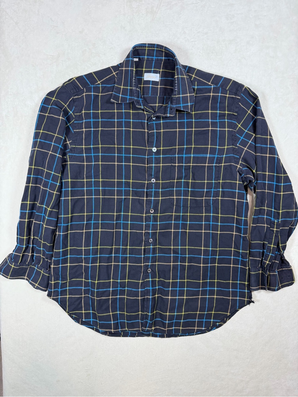 Brioni Size Large Woven Cotton Navy Plaid Shirt with Blue and Yellow Windowpane